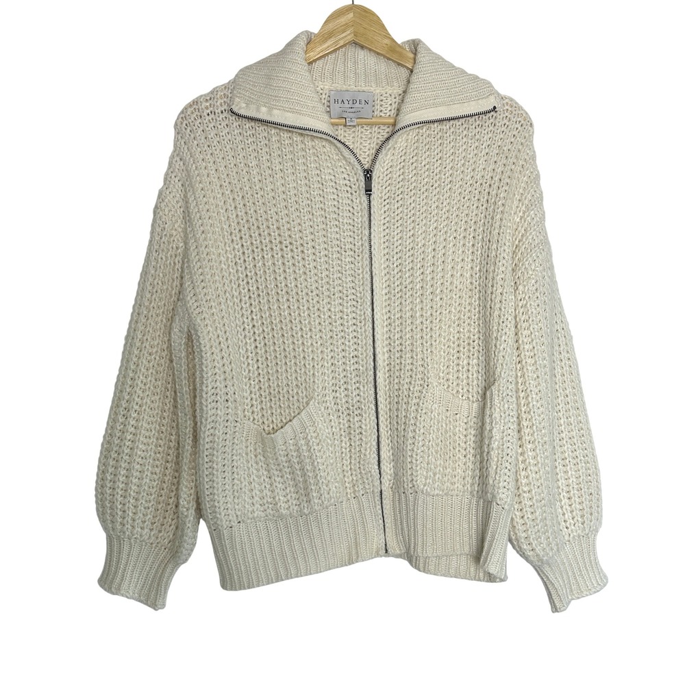 HAYDEN LOS ANGELES Cream Chunky‎ Knit Zip Up Cardigan Sweater Size S
